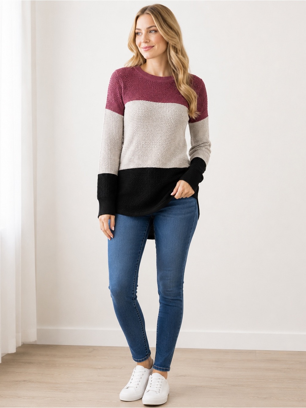 Kismet Colorblock Waffle Knit Sweater in Dusty Rose, Cream & Black